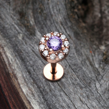 Detail View 1 of Rose Gold Brilliant Sparkle Multi-Gem Steel Labret-Tanzanite/Clear